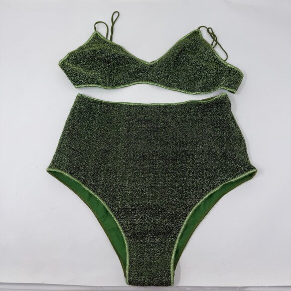 Oseree Lumiére Sporty Two Piece Bikini Women's Medium Green Shimmer High Waist - Picture 1 of 5